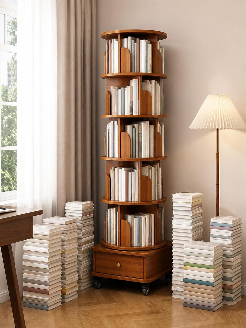 6 Tier Rotating Bookshelf with Cabinet On Wheel, 360° Display Spinning Corner Book Shelf Tower, Narrow Tall Bookshelves, Small Revolving Bookcase, Wooden Book Shelf Standing Storage Rack