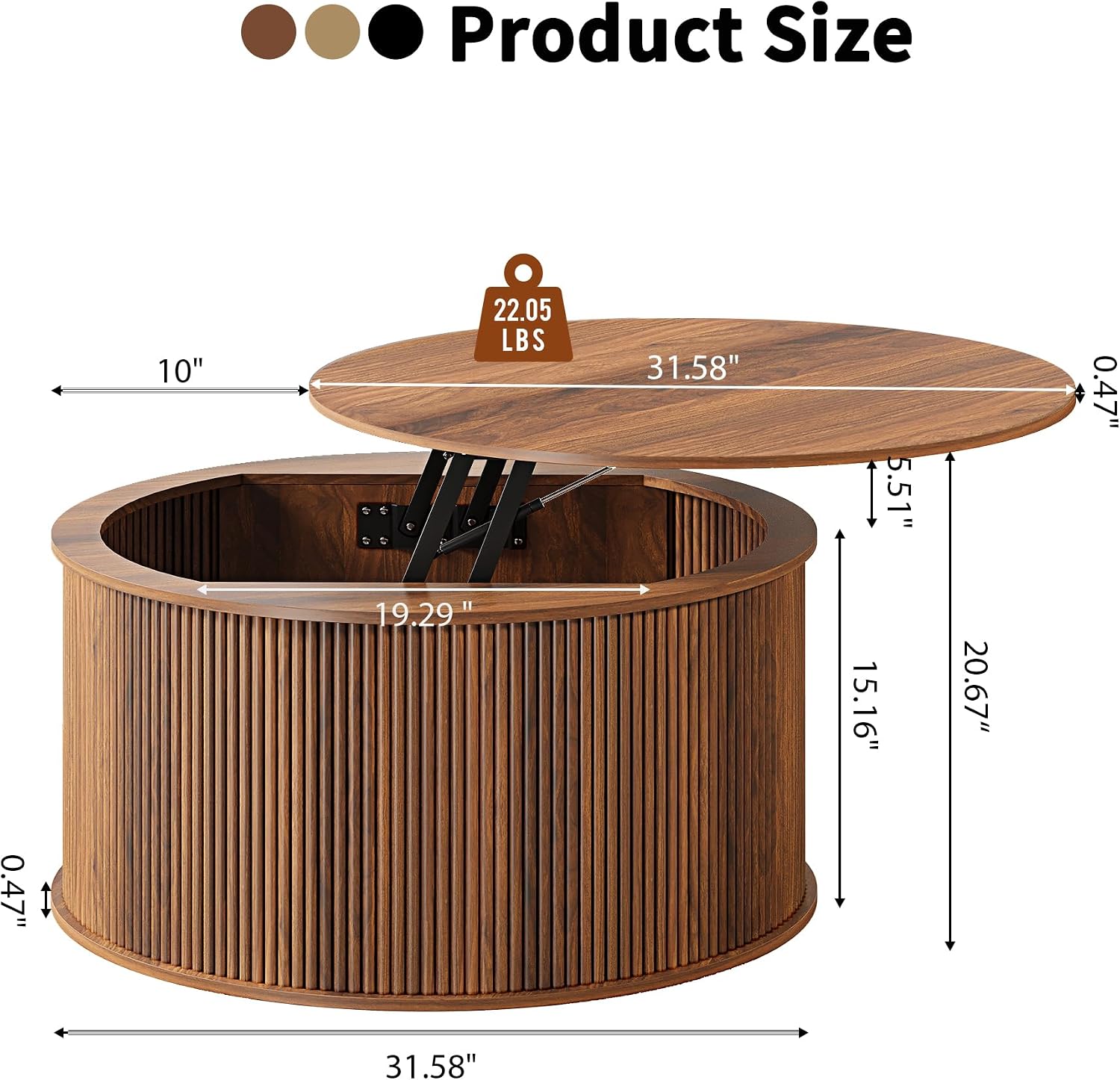Lift Top Coffee Table, Fluted Round Coffee Table with Storage, Farmhouse Center Dining Table Circle Table for Living Room, Apartment, Home Office (Walnut)
