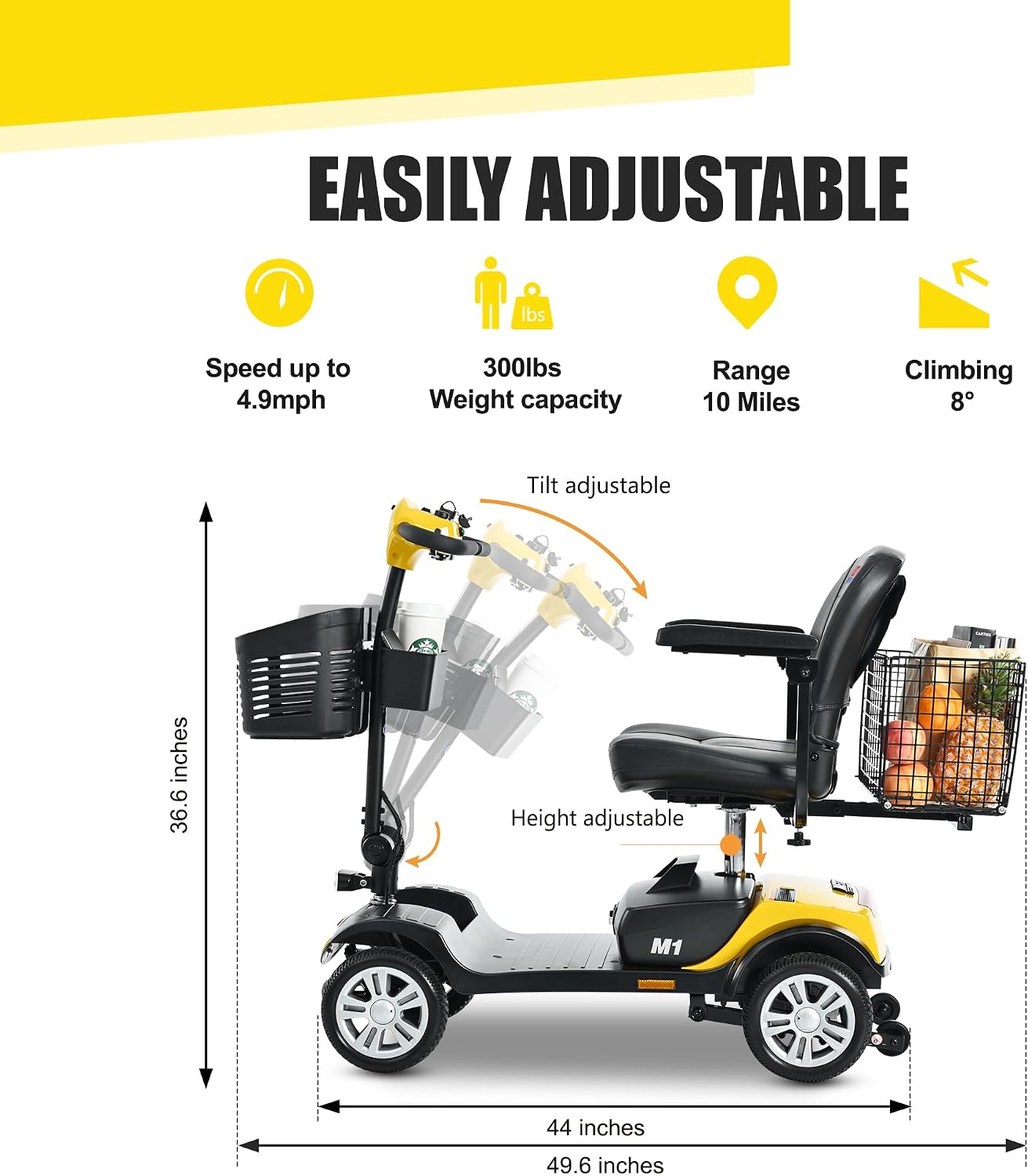 Folding Mobility Scooter for Seniors 4 Wheel Scooter for Adults Electric Medical Scooter Compact for Travel - Electric Powered Wheelchair Device - Compact Heavy Duty Mobile(M1 Yellow)