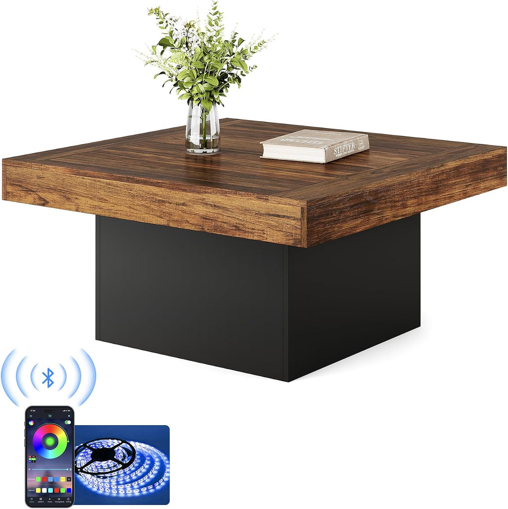 LITTLE TREE Square Coffee Table with LED Lights, 35-inch Living Room Tables, Modern Coffee Tables for Living Room, Brown and Black Wooden Center Table Cocktail Table for Home
