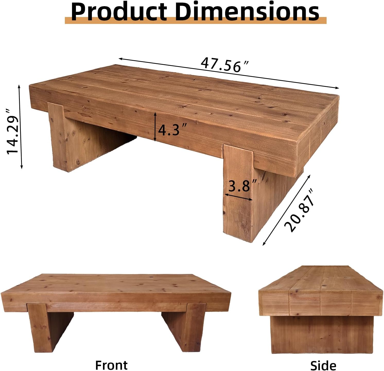 47.6' Solid Wood Coffee Table, Mid-Century Modern Coffee Table with Sturdy Base, Farmhouse Rectangle Accent Center Tea Tables for Living Room Apartment, Easy Assembly