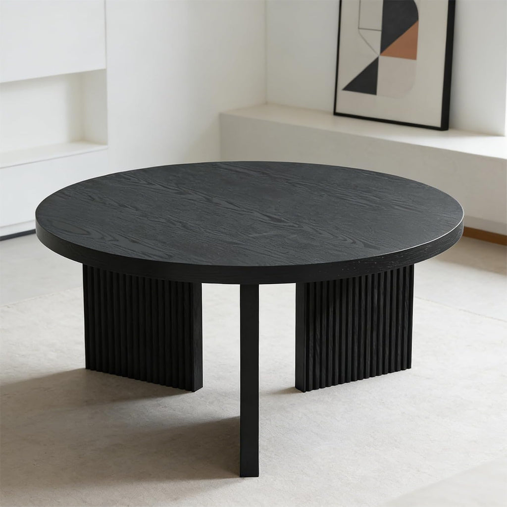 Wooden Round Coffee Table, 35' Coffee Table with Smooth Thick Mesa, Low Circle Center Table with X Shaped Stable Legs, Accent Tea Table for Living Room, Office, Black