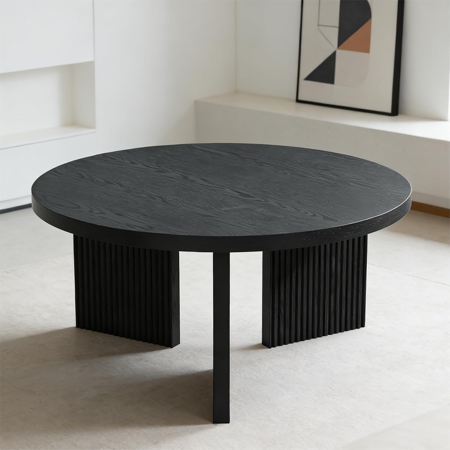 Wooden Round Coffee Table, 35' Coffee Table with Smooth Thick Mesa, Low Circle Center Table with X Shaped Stable Legs, Accent Tea Table for Living Room, Office, Black