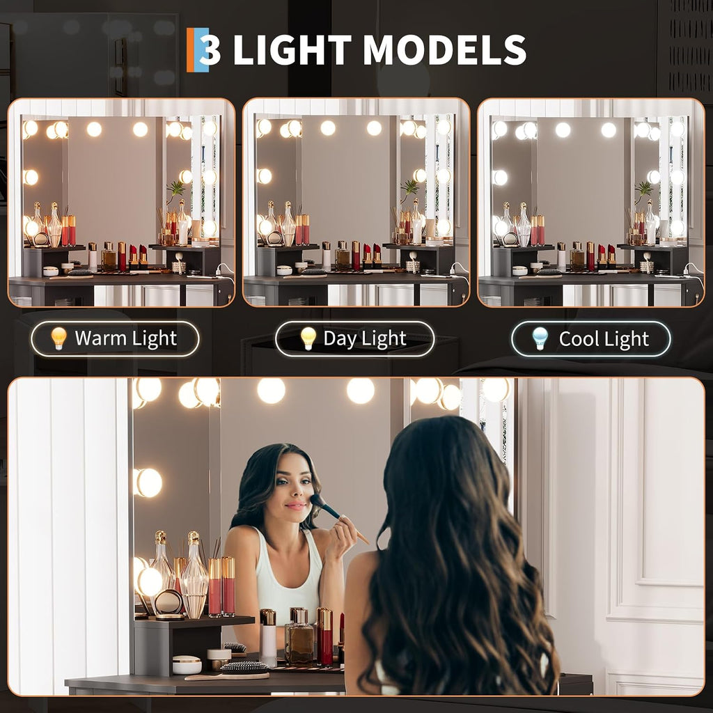 IDEALHOUSE Corner Vanity Desk with 3-Fold Mirror & Dimmable LED Lights, Charging Station, Acrylic Door Cabinet, Hanging Organizer, Adjustable Shelf, Stool – Modern Bedroom Makeup Table, Black, Bulb