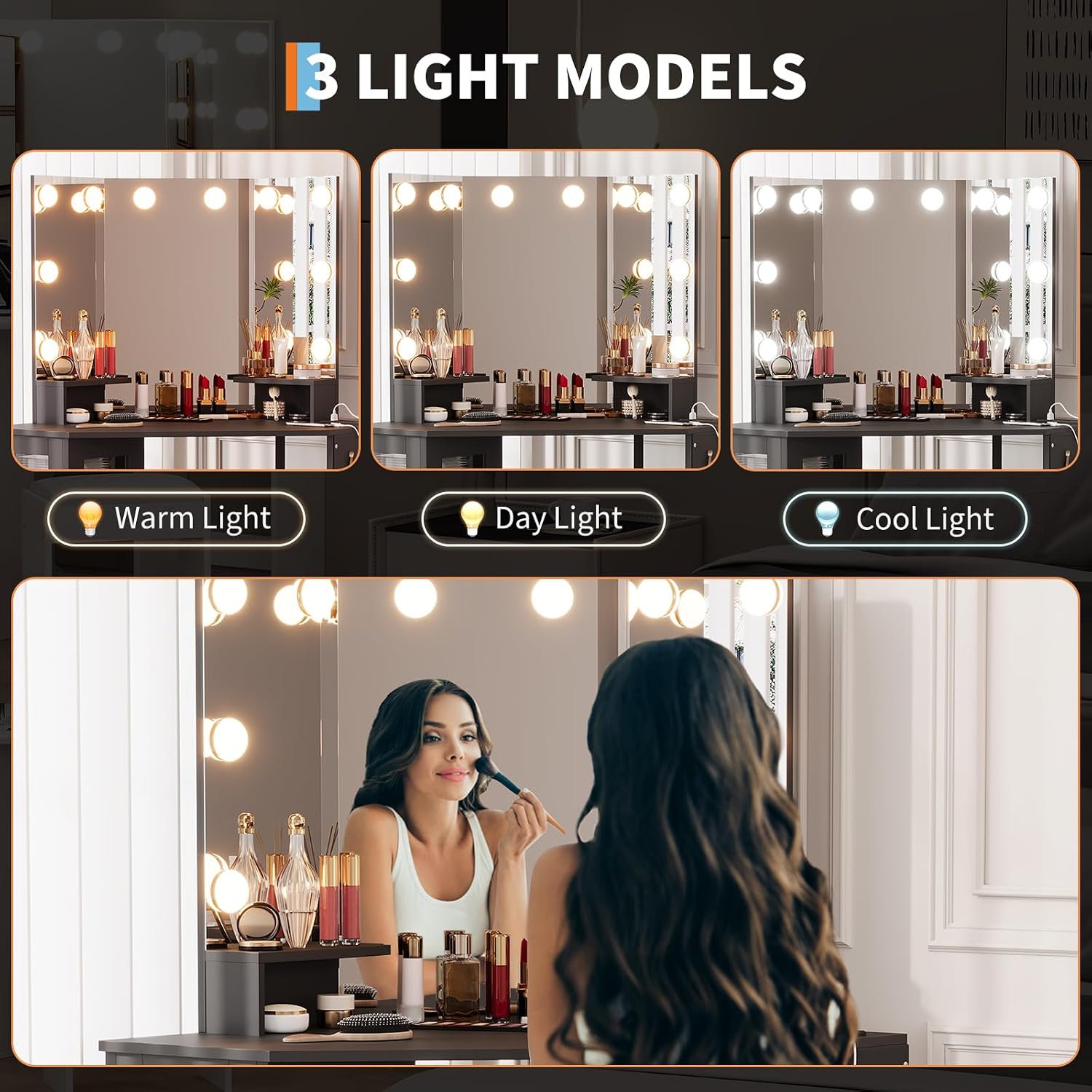 IDEALHOUSE Corner Vanity Desk with 3-Fold Mirror & Dimmable LED Lights, Charging Station, Acrylic Door Cabinet, Hanging Organizer, Adjustable Shelf, Stool – Modern Bedroom Makeup Table, Black, Bulb