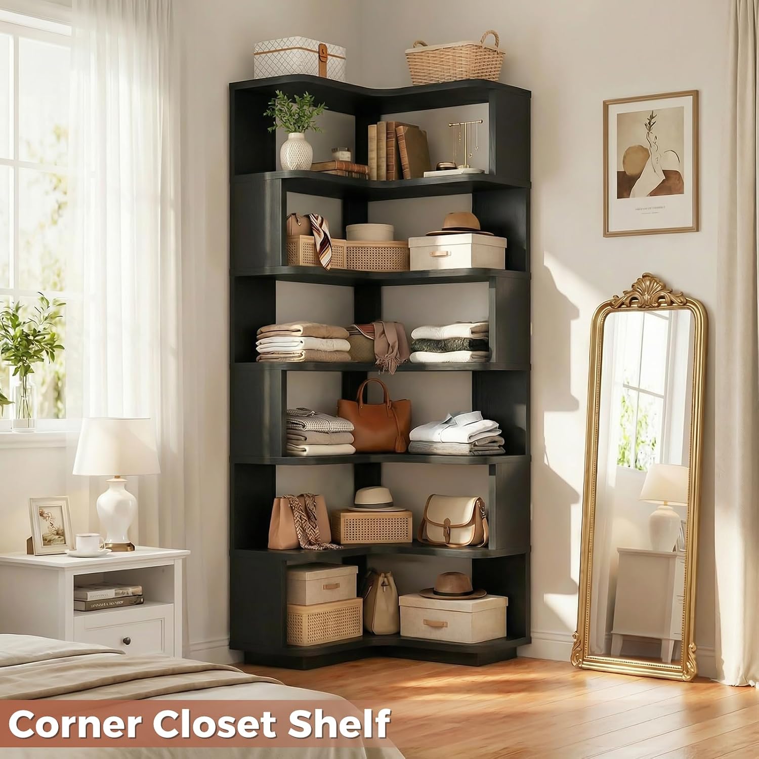 Besiost Corner Book Shelf, 7-Shelf Corner Bookshelf for Small Corner Spaces, L-Shape Bookcase Corner Display Shelf for Home Office, Living Room, Bedroom, Kitchen Pantry, Black