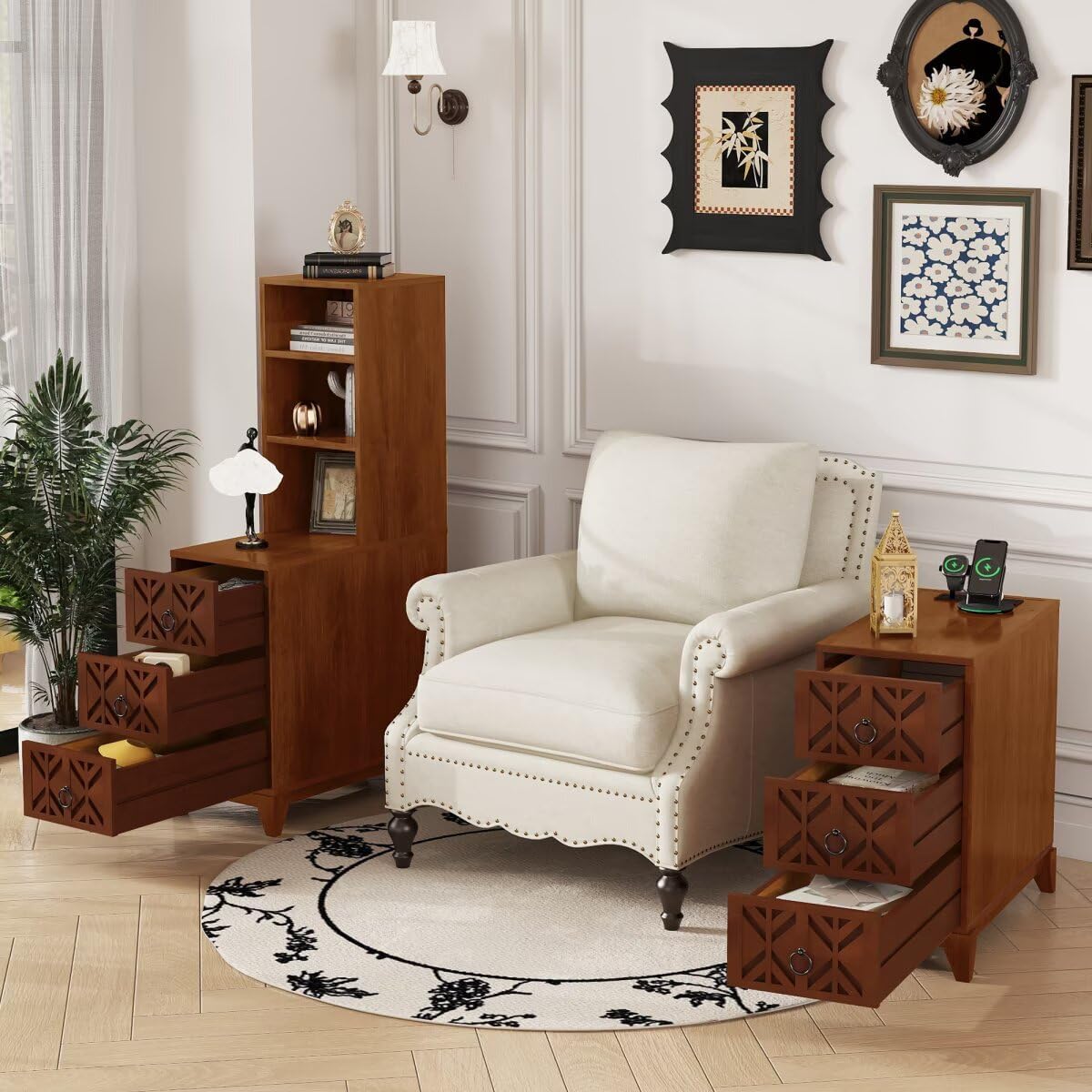 JIJIWANG 23.6' L End Table with 3 Drawers, Corner Table with 2 Open Shelves, Tall Side Table for Bedroom and Corner, Walnut,Expect Arrival Date, Natural