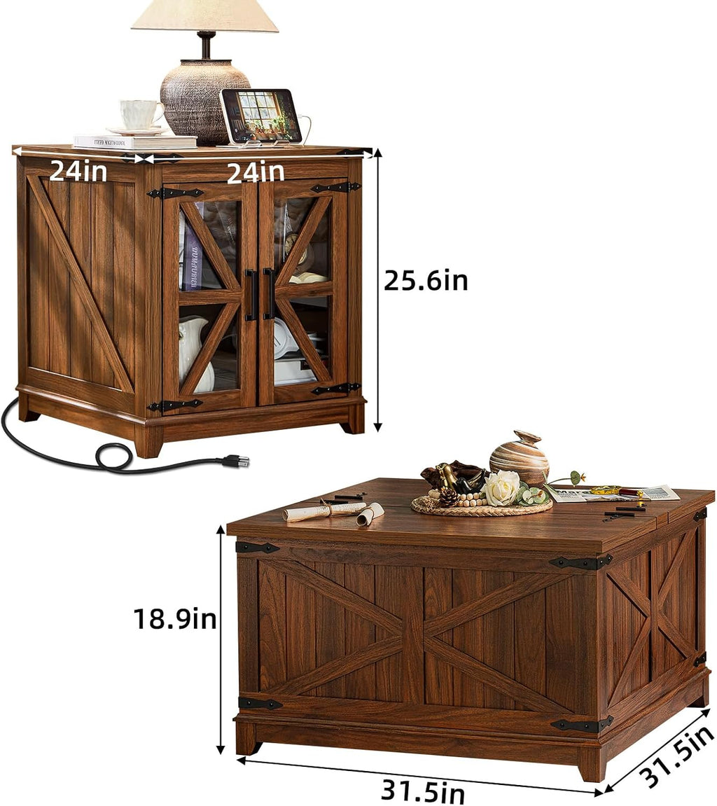 Farmhouse Coffee Table Sets 2 Pieces, Large End Side Tables with Charging Station and Coffee Table with Hidden Storage Compartment, Black Living Room Table Set, Wood Furniture Sets for Home Office
