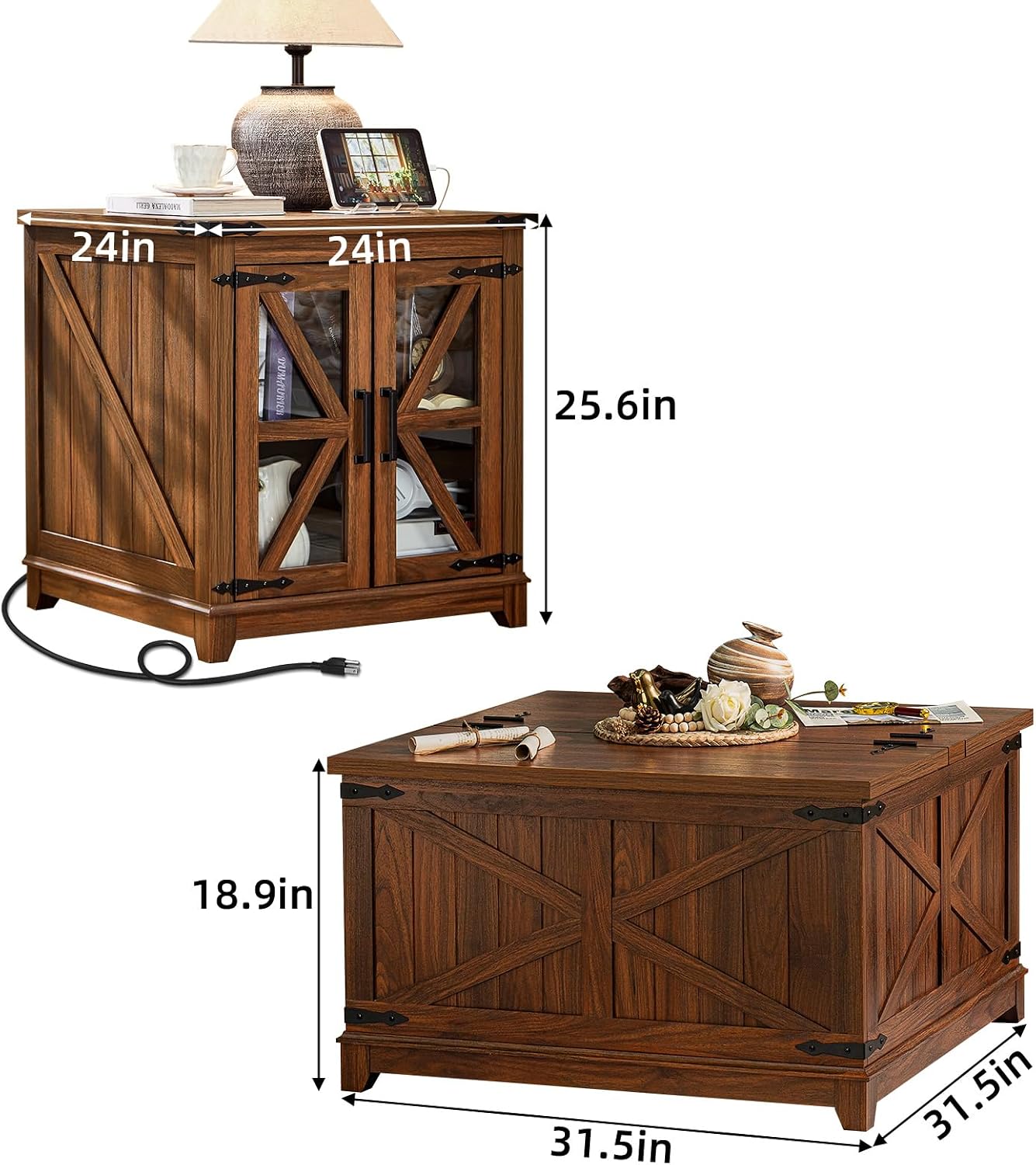 Farmhouse Coffee Table Sets 2 Pieces, Large End Side Tables with Charging Station and Coffee Table with Hidden Storage Compartment, Black Living Room Table Set, Wood Furniture Sets for Home Office