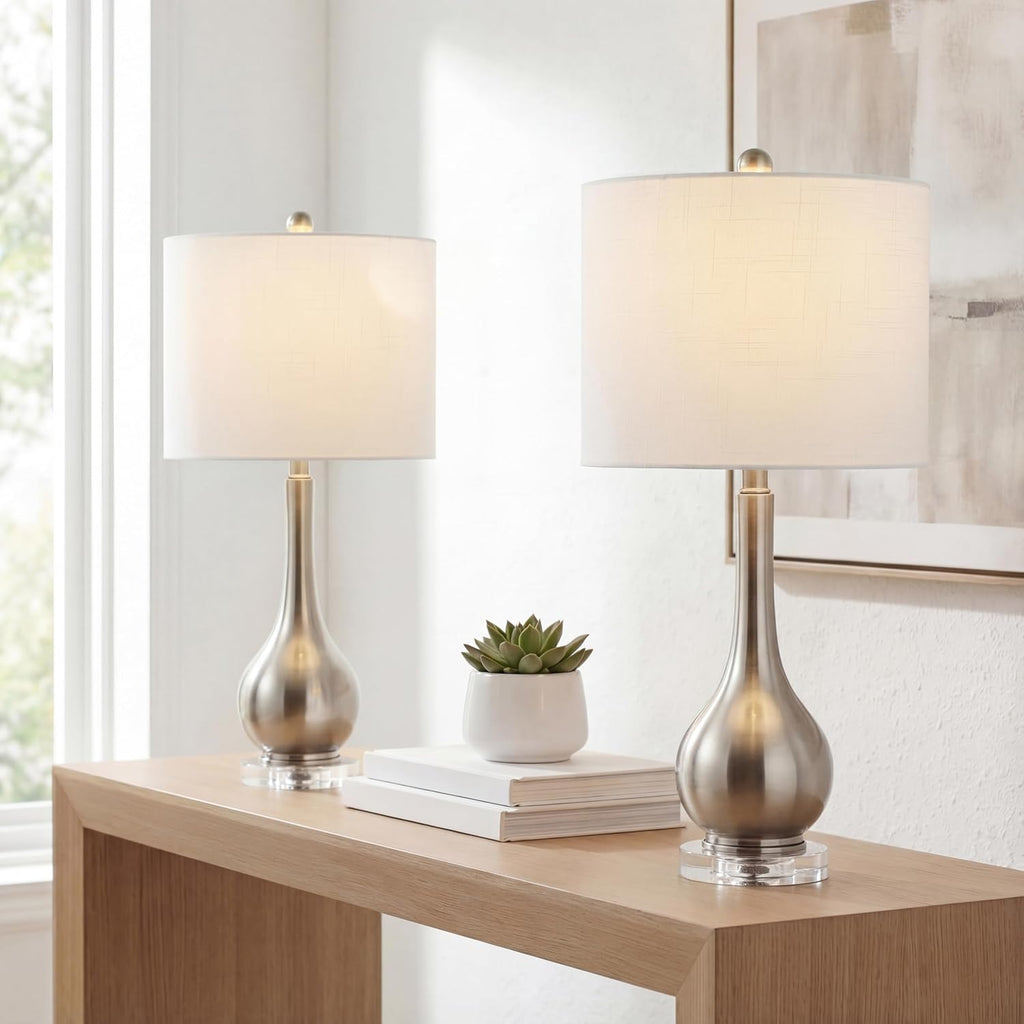 JONATHAN Y 25' Nickel Metal and Crystal Teardrop LED Table Lamp for Bedroom Living Room Bedside Nightstand, White Linen Drum Shade, LED Bulb Included, Set of 2 (JYL5010B-SET2)