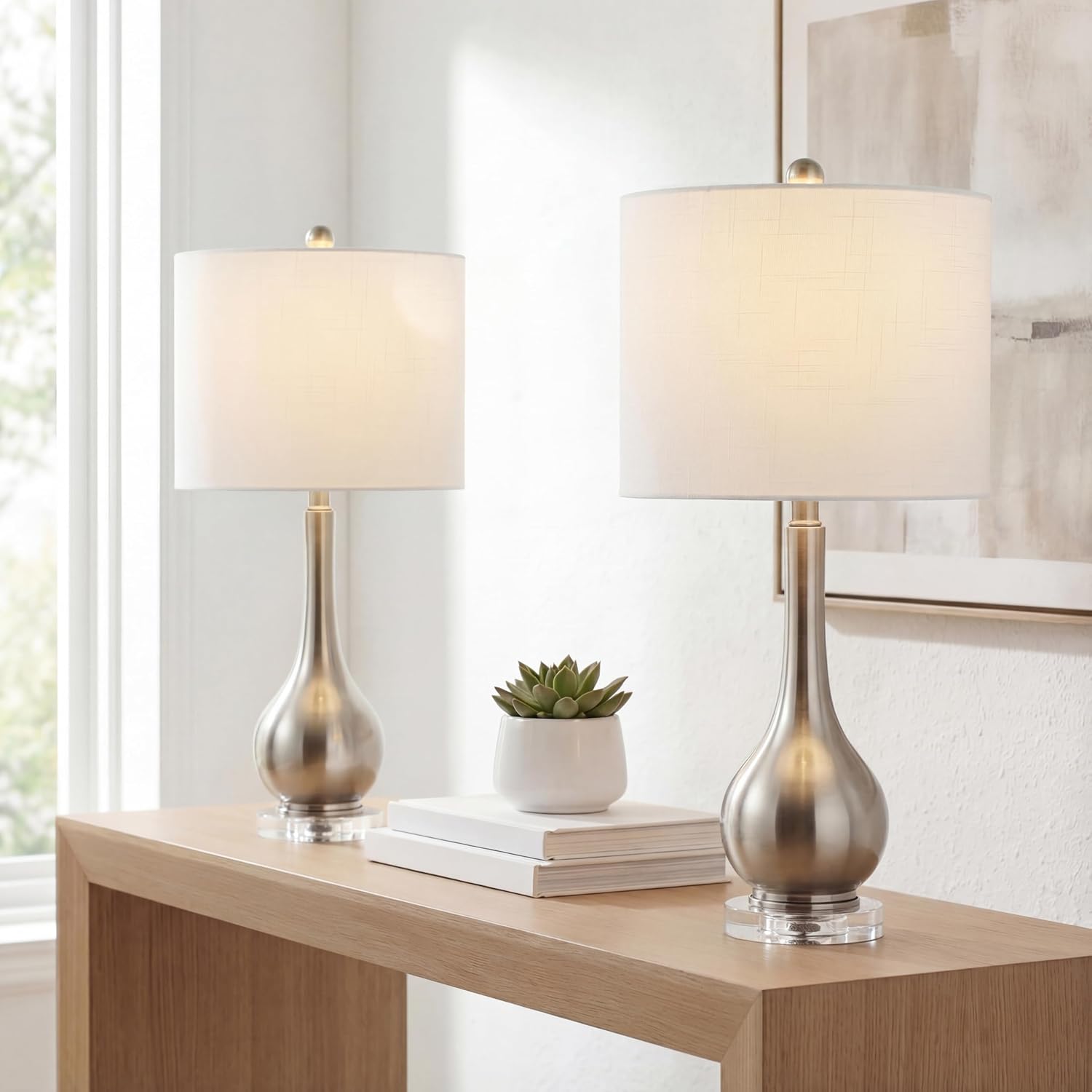 JONATHAN Y 25' Nickel Metal and Crystal Teardrop LED Table Lamp for Bedroom Living Room Bedside Nightstand, White Linen Drum Shade, LED Bulb Included, Set of 2 (JYL5010B-SET2)