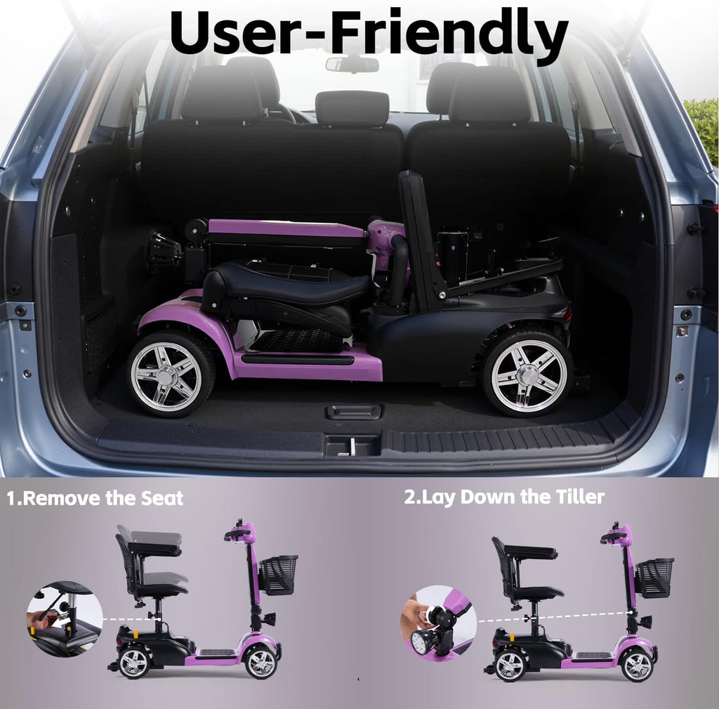 SAYYEAH 4 Wheels Mobility Scooter for Adults&Seniors, Max Speed:6mph, Mobility Scooter for Travel, with LED Headlights and Basket, Charger Included, (Purple/red/Blue/Silver) (Purple Plus)