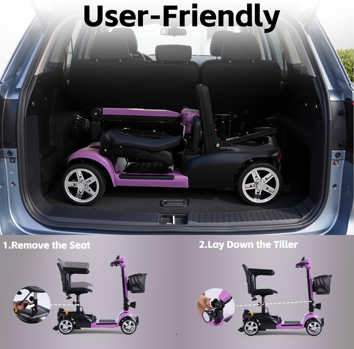 SAYYEAH 4 Wheels Mobility Scooter for Adults&Seniors, Max Speed:6mph, Mobility Scooter for Travel, with LED Headlights and Basket, Charger Included, (Purple/red/Blue/Silver) (Purple Plus)