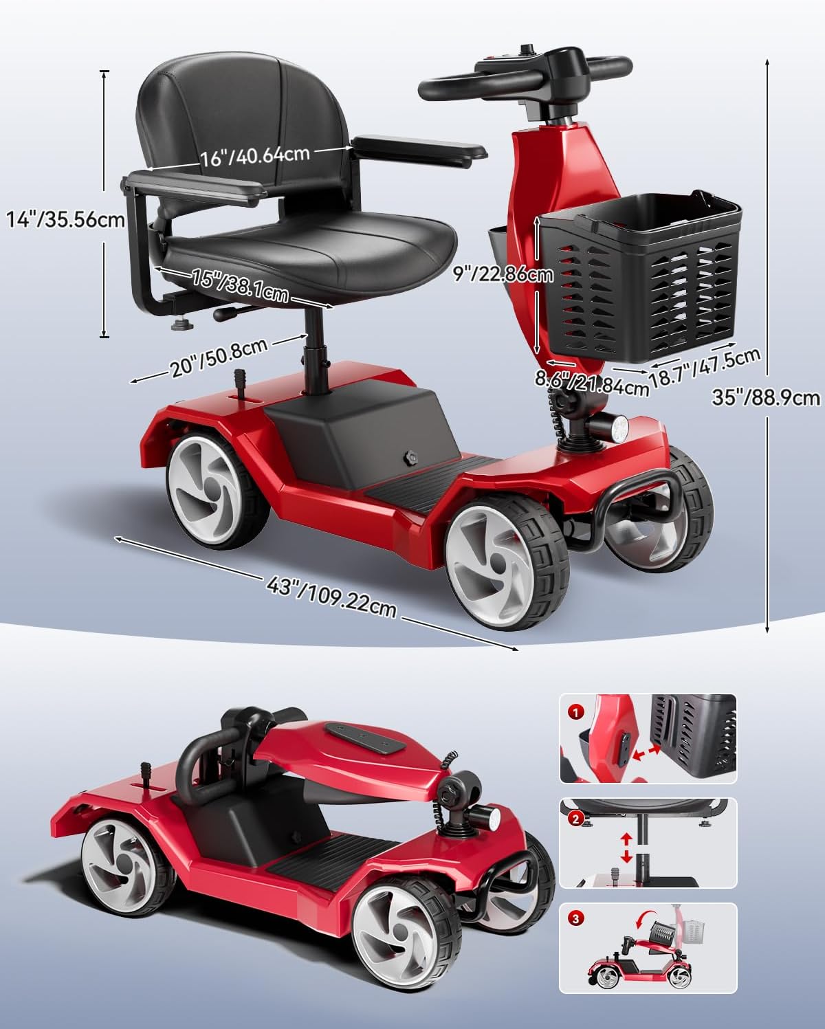 Foldable Mobility Scooters for Seniors, FSA&HSA Eligible, 330LBS Capacity 4 Wheel Lightweight Mobility Scooters for Adults, Powered Electric Mobility Scooters, Folding Travel Motorized Scooters-Red