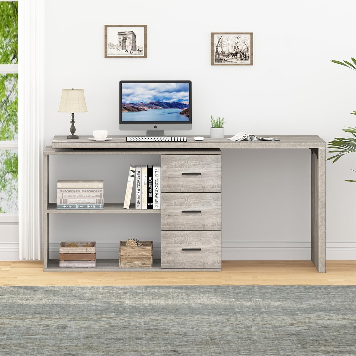HSH L Shaped Office Desk with Drawers, Reversible Corner Wood Computer Desk Gray, Large L Shaped Desk with Storage Cabinet Shelves for Executive Writing Study, Modern Bedroom Table Grey Oak, 60 Inch