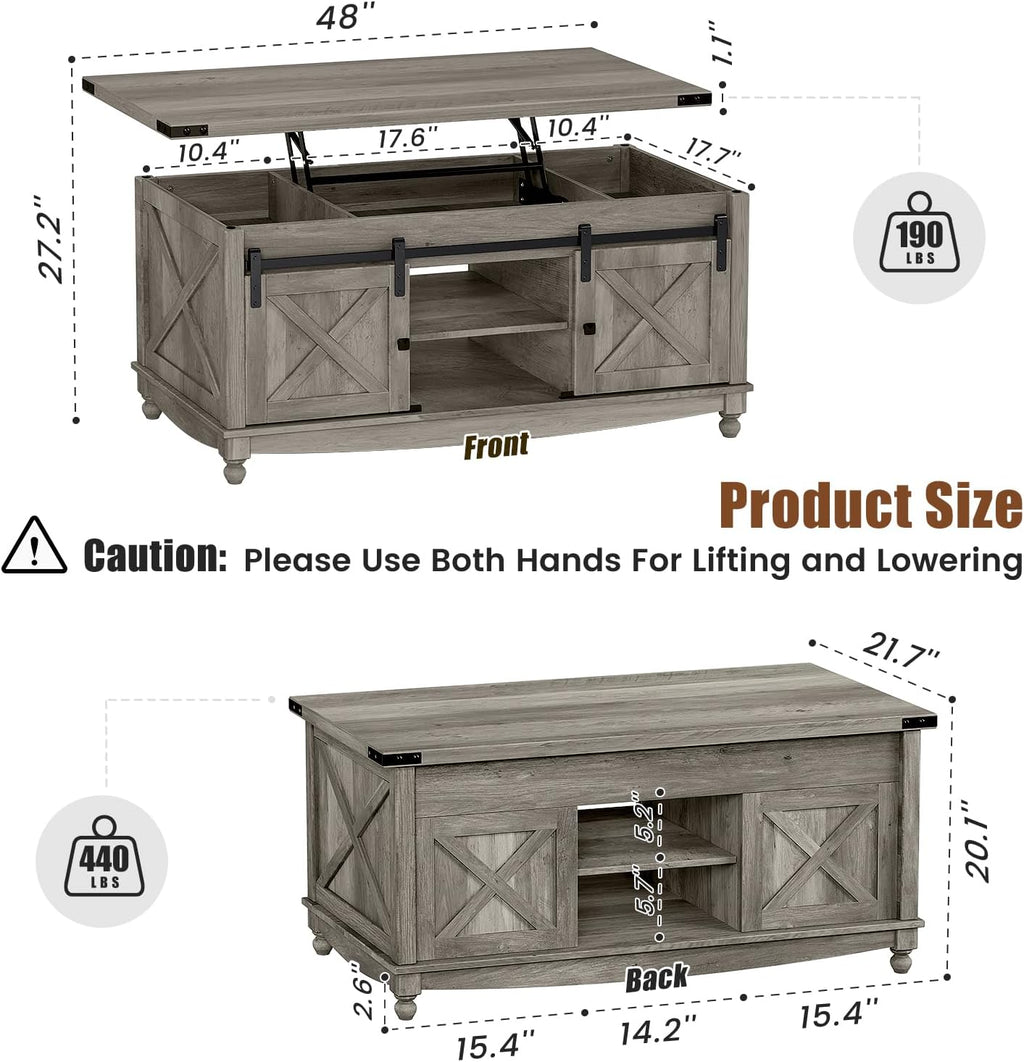 ALLSTAND 48' Farmhouse Lift Top Coffee Table with Storage Sliding Barn Door & Large Hidden Compartment, Coffee Table with Lifting Top with Wooden Lift Tabletop, Coffee Tables for Living Room, Grey