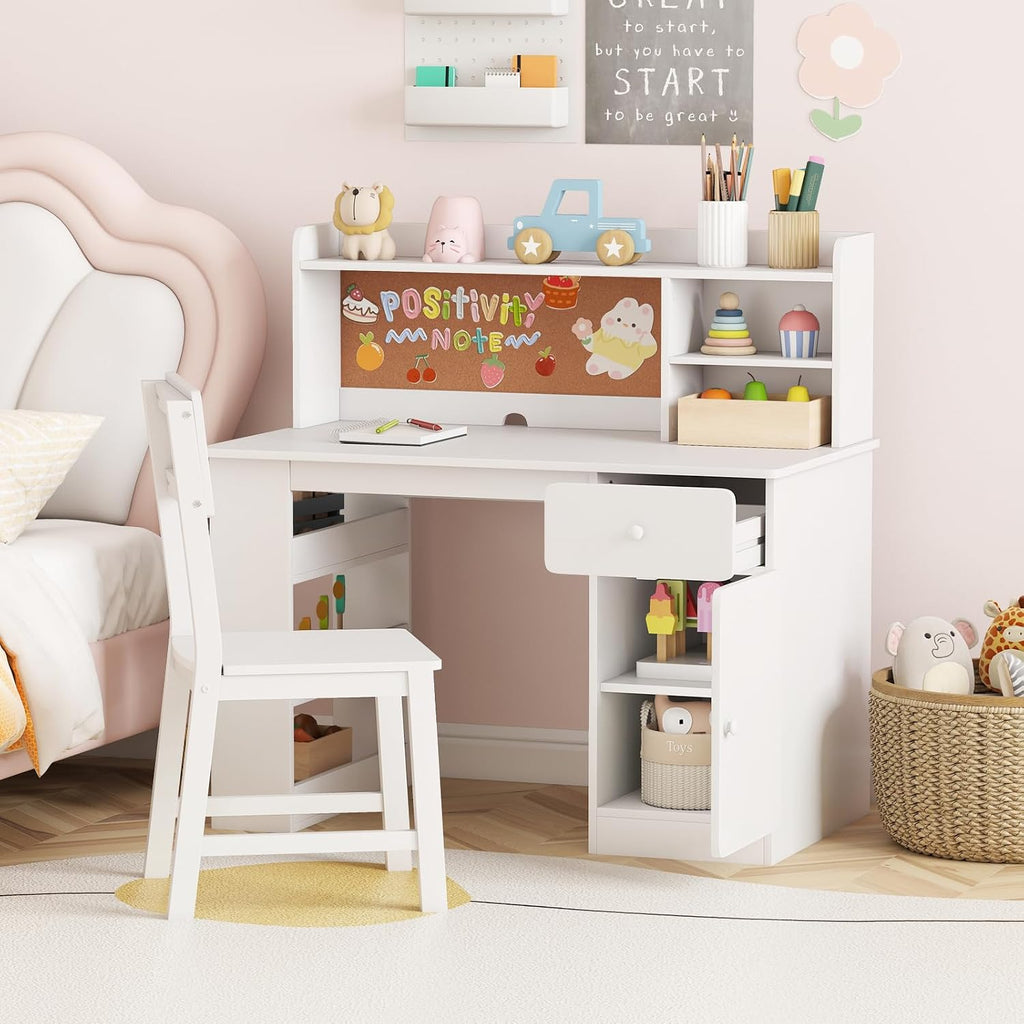 HONEY JOY Kids Desk and Chair Set, Large Wooden Children School Study Table and Chair w/Drawer, Hutch, Storage Shelves, Student Writing Desk Computer Workstation for Bedroom, 7+ Years Old (White)