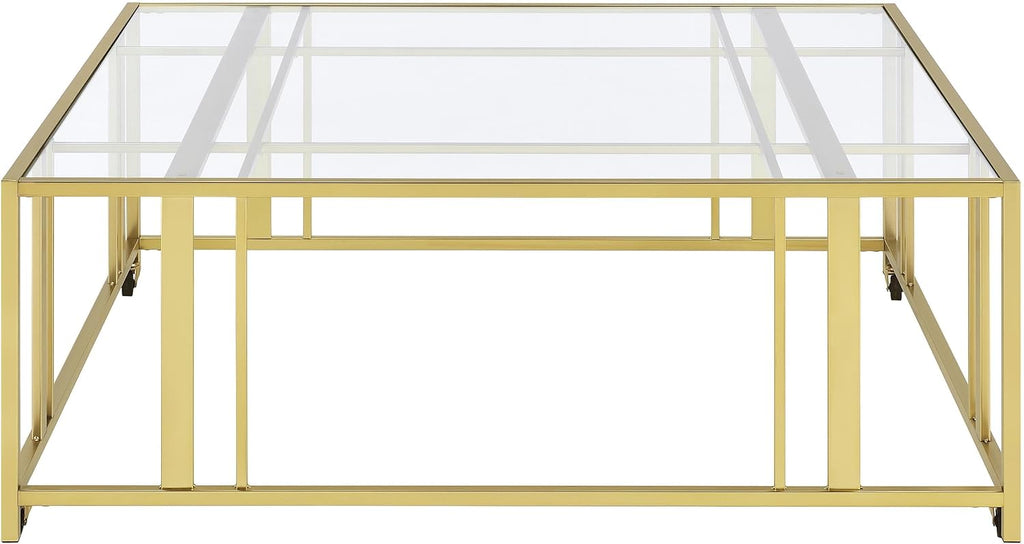Coaster Home Furnishings - Adri - Square Glass Top Coffee Table with Geometric Base and Mobile with Rolling Casters - Contemporary - Living Room - Matte Brass - 710188