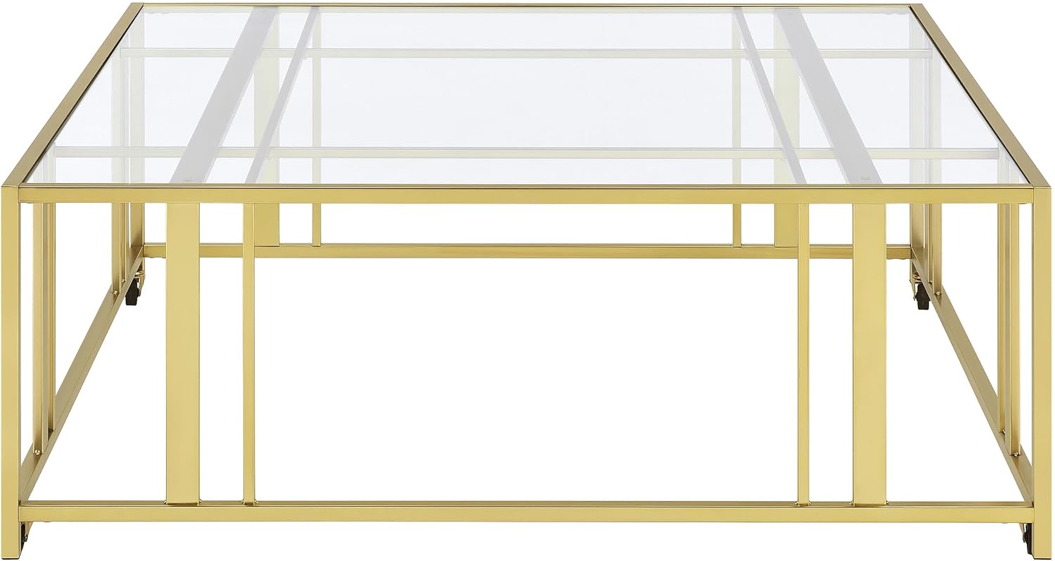 Coaster Home Furnishings - Adri - Square Glass Top Coffee Table with Geometric Base and Mobile with Rolling Casters - Contemporary - Living Room - Matte Brass - 710188