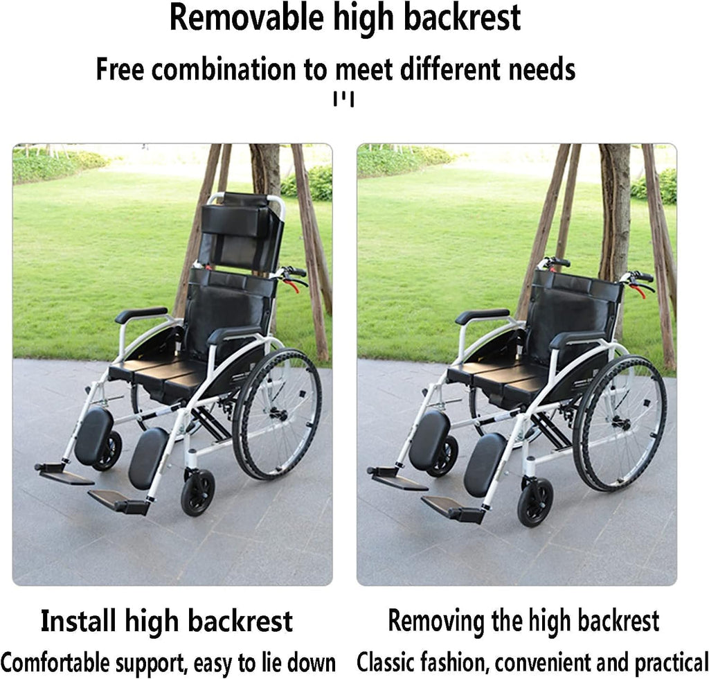 Full Lying Wheelchair Foldable Manual Wheelchair Commode W/Removable High Back & Dining Table Steel Reclining Transport Wheelchair W/Elevating Leg Rest for Elderly Driving Trolley