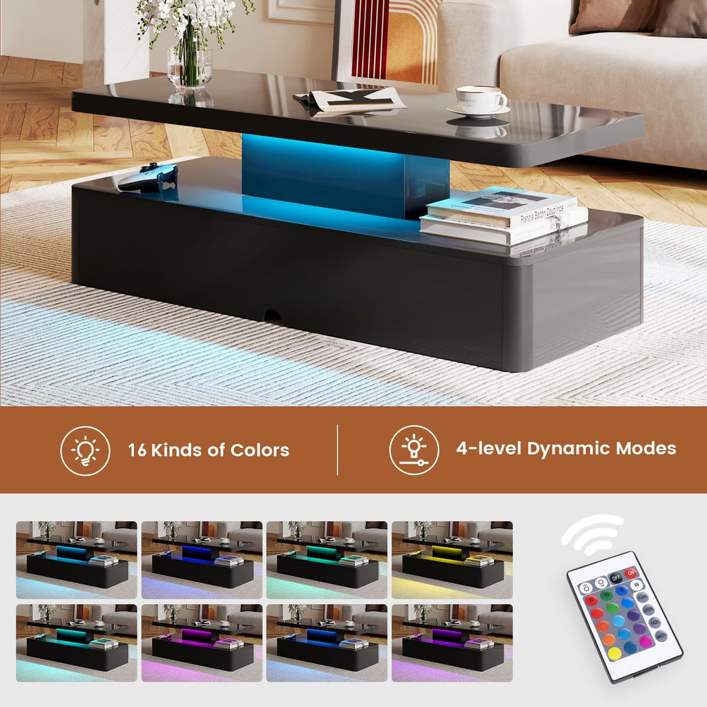 40' Modern Living Room Tables, LED Coffee Table with LED Lights, 2 Tier Rectangular Center Table with Large Storage, High Glossy Surface, Tea Table for Living Room, Black