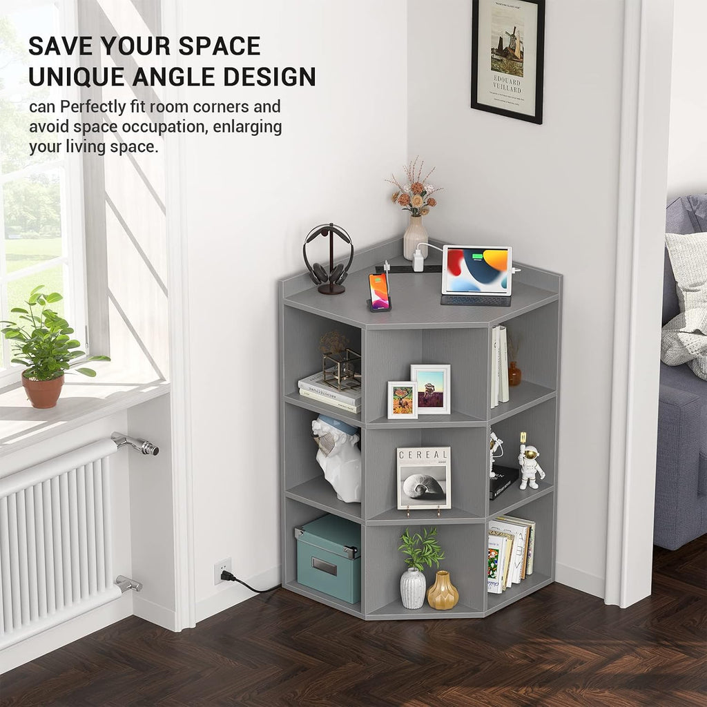 Aheaplus Corner Cabinet, Corner Storage with USB Ports and Outlets, Corners Cube Toy Storage for Small Space, Wooden Corners Cubby Bookshelf with 9 Cubes for Playroom, Bedroom, Living Room, Grey