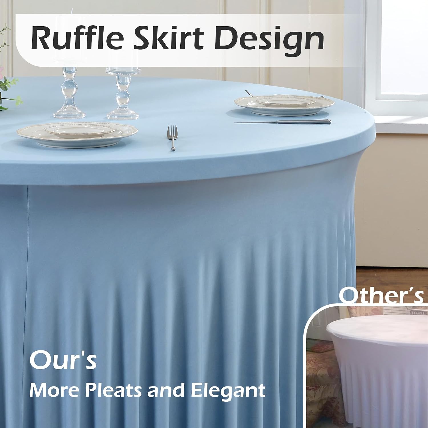 NSSONBEN 6 pk Dusty Blue Spandex Round Table Cloths for 60inch Table, Wrinkle Free 120inch Stretchy Fitted 5ft Round Table Covers with Skirt for Wedding Birthday Graduation Parties Banquet Events