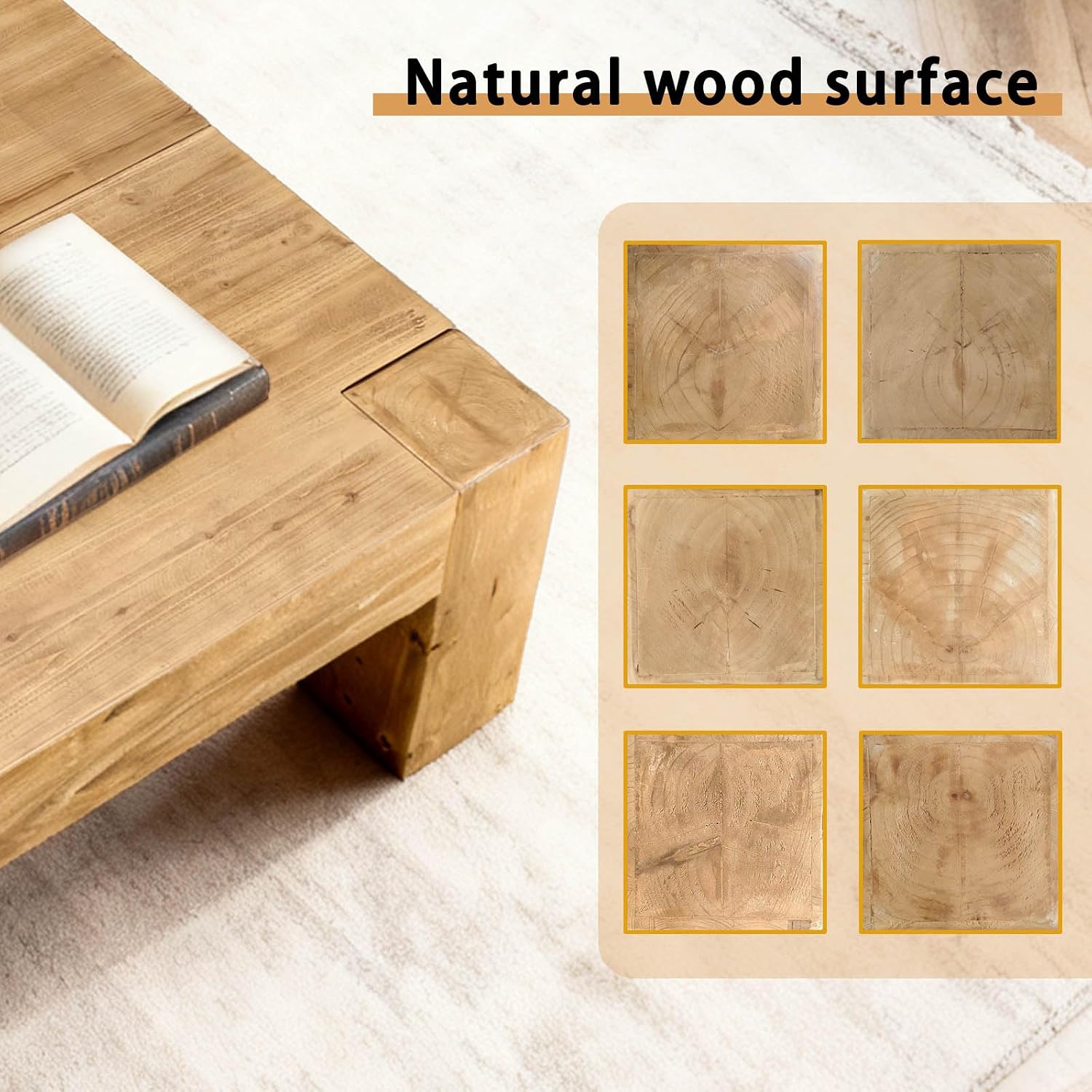 Rustic Wooden Coffee Table for Living Room, Big Square Coffee Table Mid Century Modern Center Table, Large Farmhouse Solid Wood Tea Table for Office Apartment (39.37''L × 39.37''W × 15.75''H)
