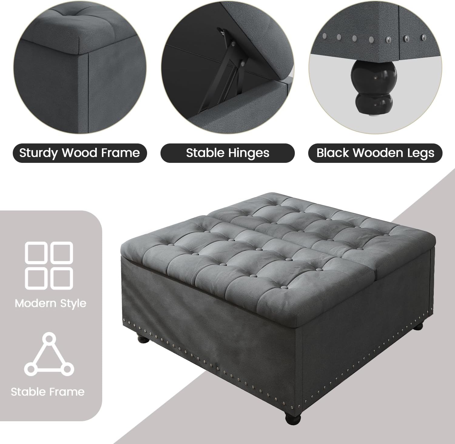 FUXA 35 Inch Large Square Ottoman with Storage, Oversized Ottoman Coffee Table with Lift Top and Wood Legs, Tufted Upholstered Storage Ottoman Bench for Living Room (Gray)