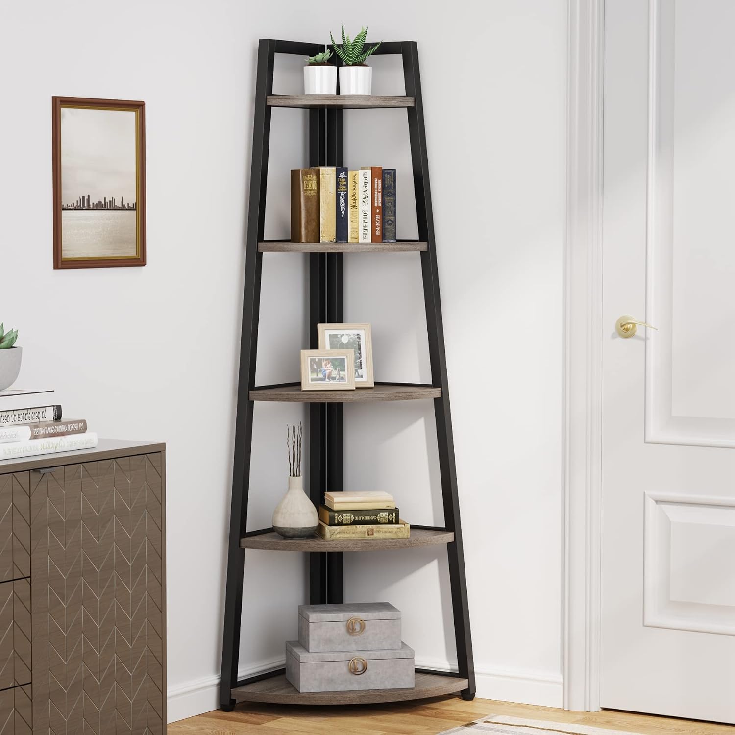 Tribesigns 70 inch Tall Corner Shelf, 5 Tier Industrial Corner Bookshelf Bookcase Industrial Corner Ladder Shelf Plant Stand for Living Room, Kitchen, Home Office (Grey)