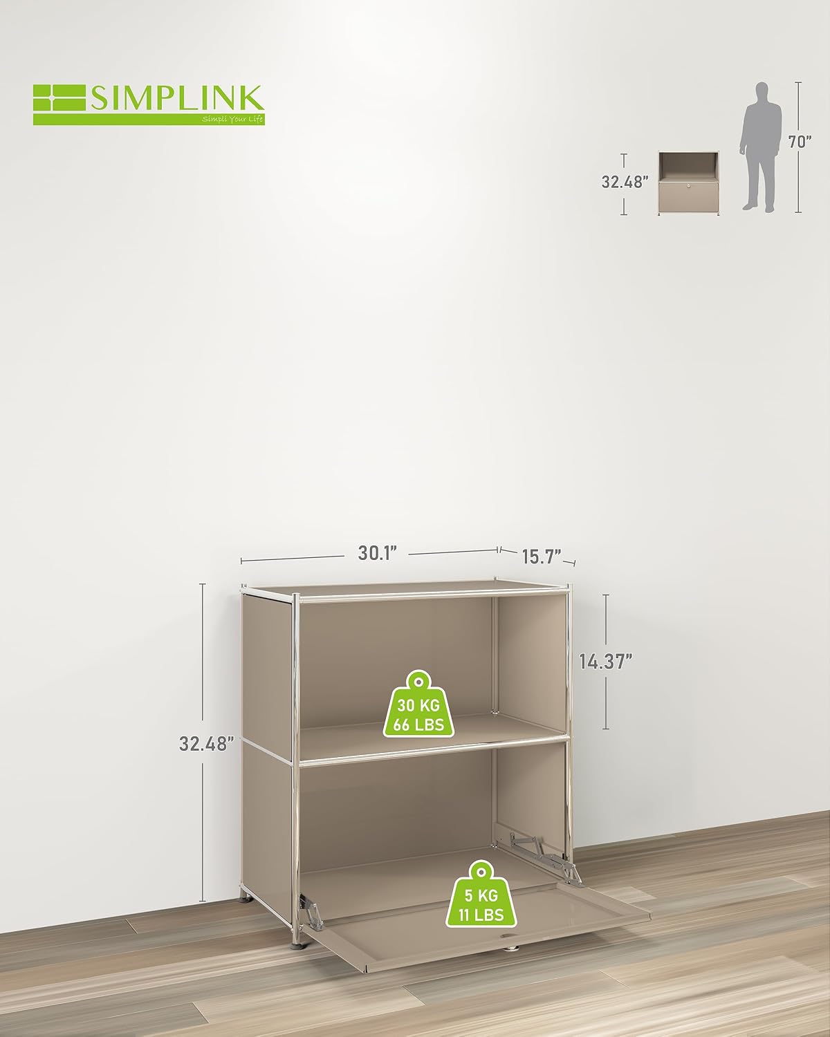 32.5-Inch Flip-Top Storage Cabinet with Detachable Wheels, Metal Side Table and Small Sideboard Cabinet for Living Room, Bedroom, Office, Orange