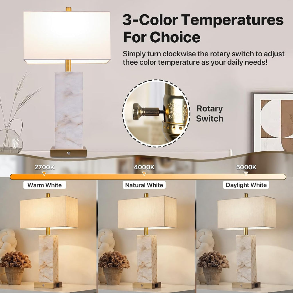 25.6' Alabaster Lamp, Marble Lamp Nightstand Lamps Set of 2, Modern Table Lamp with USB Ports, 3-Color Temperatures Bedside Lamps with Nightlight, Table Lamps for Living Room Bedroom, Bulbs Included