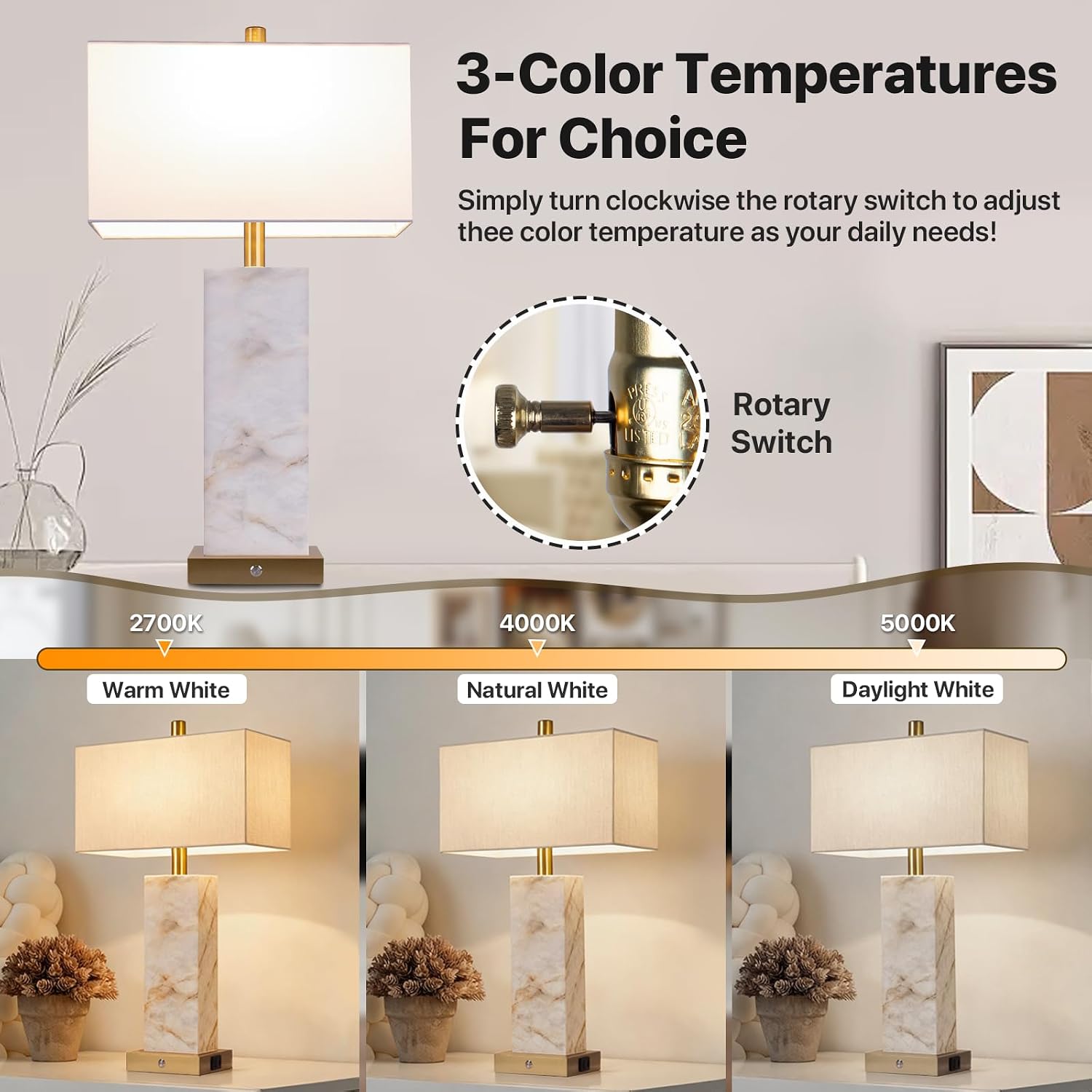 25.6' Alabaster Lamp, Marble Lamp Nightstand Lamps Set of 2, Modern Table Lamp with USB Ports, 3-Color Temperatures Bedside Lamps with Nightlight, Table Lamps for Living Room Bedroom, Bulbs Included