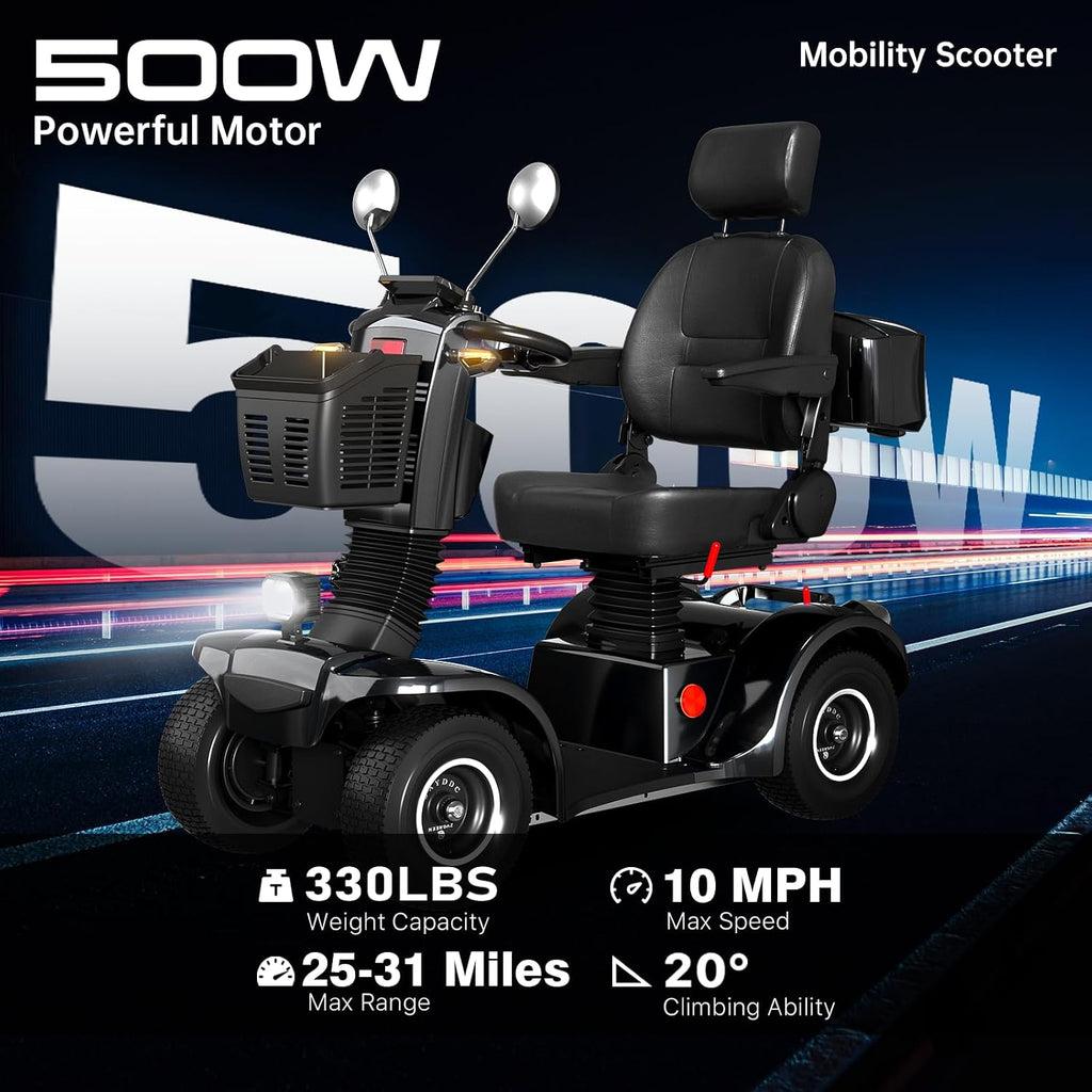 Mobility Scooters for Seniors & Adults 400 Lb Weight Capacity,4-Wheel Heavy Duty Foldable Portable Scooter,All-Terrain Disability Electric Wheelchair,Electromagnetic Brake,Storage Box,Black