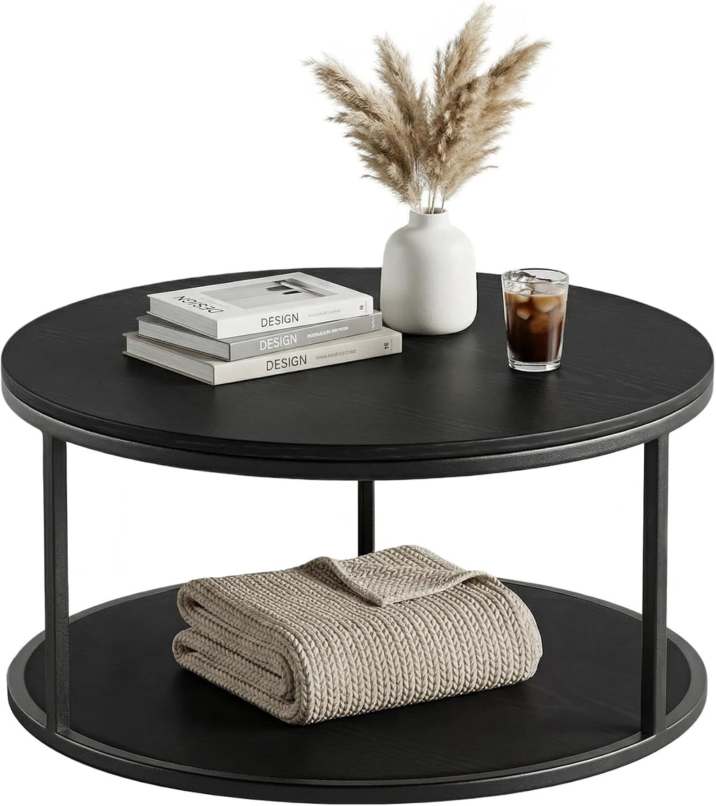 YESHOMY 36' Round Coffee Table, 2-Tier Wood Center Table with Storage Shelf, Heavy-Duty Metal Frame, Easy Assembly, Ideal for Living Room & Small Spaces, Black