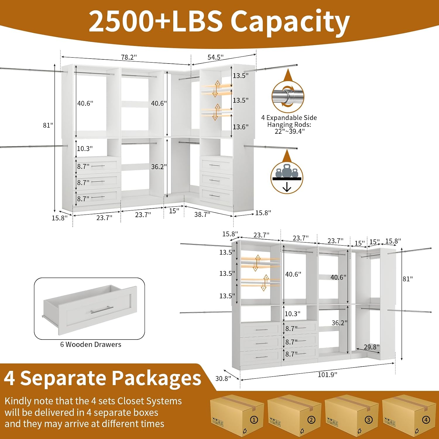 Closet System of 4 Sets with 6 Drawers, 101.9' Walk in Corner Closet System with 9 Hanging Rods & Adjustable Shelves, Custom L-Shaped Modular Closet Organizer System Wood Corner, White