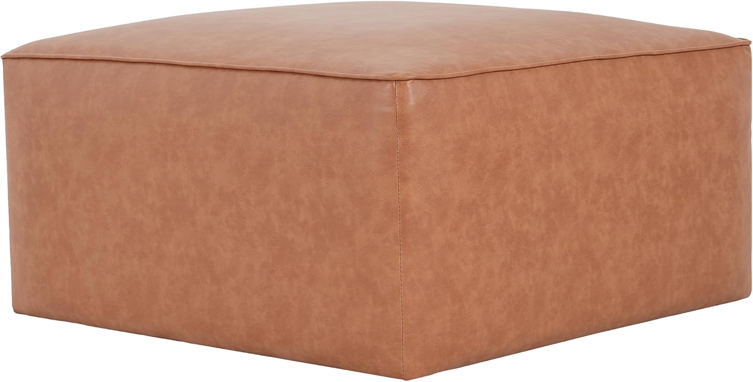 Christopher Knight Home Ellis Faux Leather Ottoman Footstool, Square Pouf Poufee Footrest Ottoman Large Seat, Modern Side Table for Living Room Bedroom Home Decor Gifts, Tan Brown