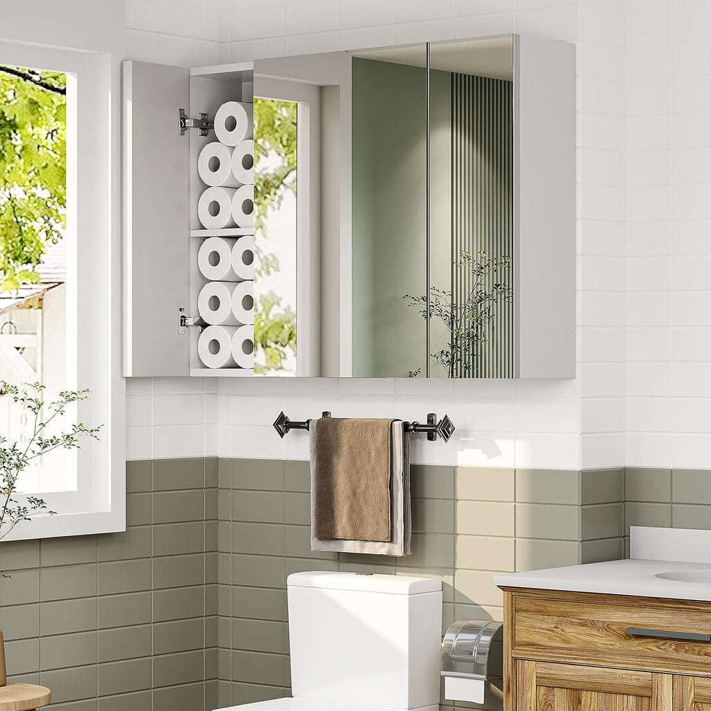DICTAC Bathroom Medicine Cabinet with Mirrors 31.5x23.62 Inch Storage Cabinet with Mirror Wall Mounted Bathroom Mirror with Adjustable Storage Shelves and 3 Doors Mirror Medicine Cabinets for bathroom