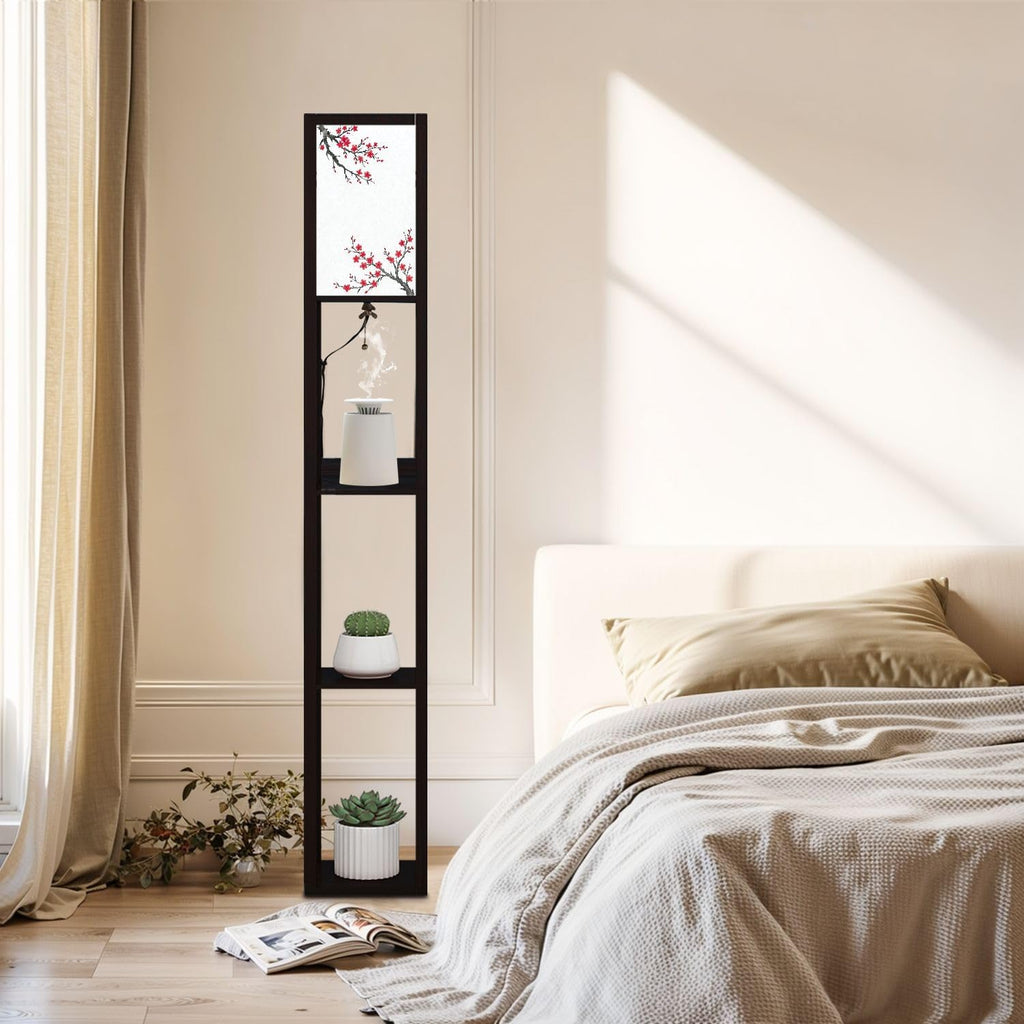 Floor Lamp with Shelves Oriental Cherry Tree Blossom n Rice Paper Standing Tall Lamp USB Ports & Power Outlet Modern Corner Lamp Nightstand Light for Living Room Bedroom