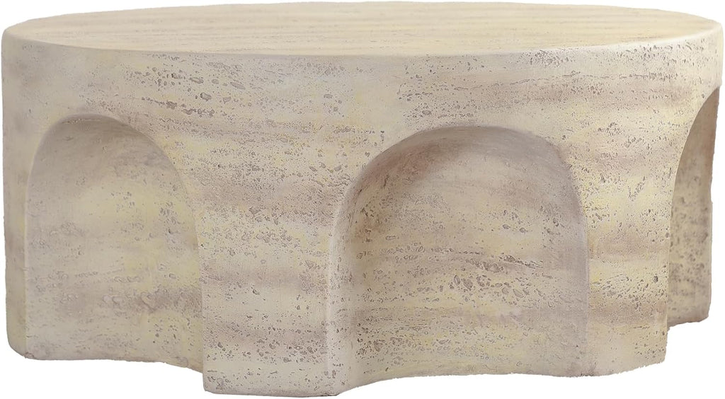 WILLIAMSPACE 31.5' Round Marble Coffee Table with Unique Arched Cutout Base, Modern Faux Stone Center Table Drum Coffee Tea Table for Living Room, Magnesium Oxide, No Assembly, Amber