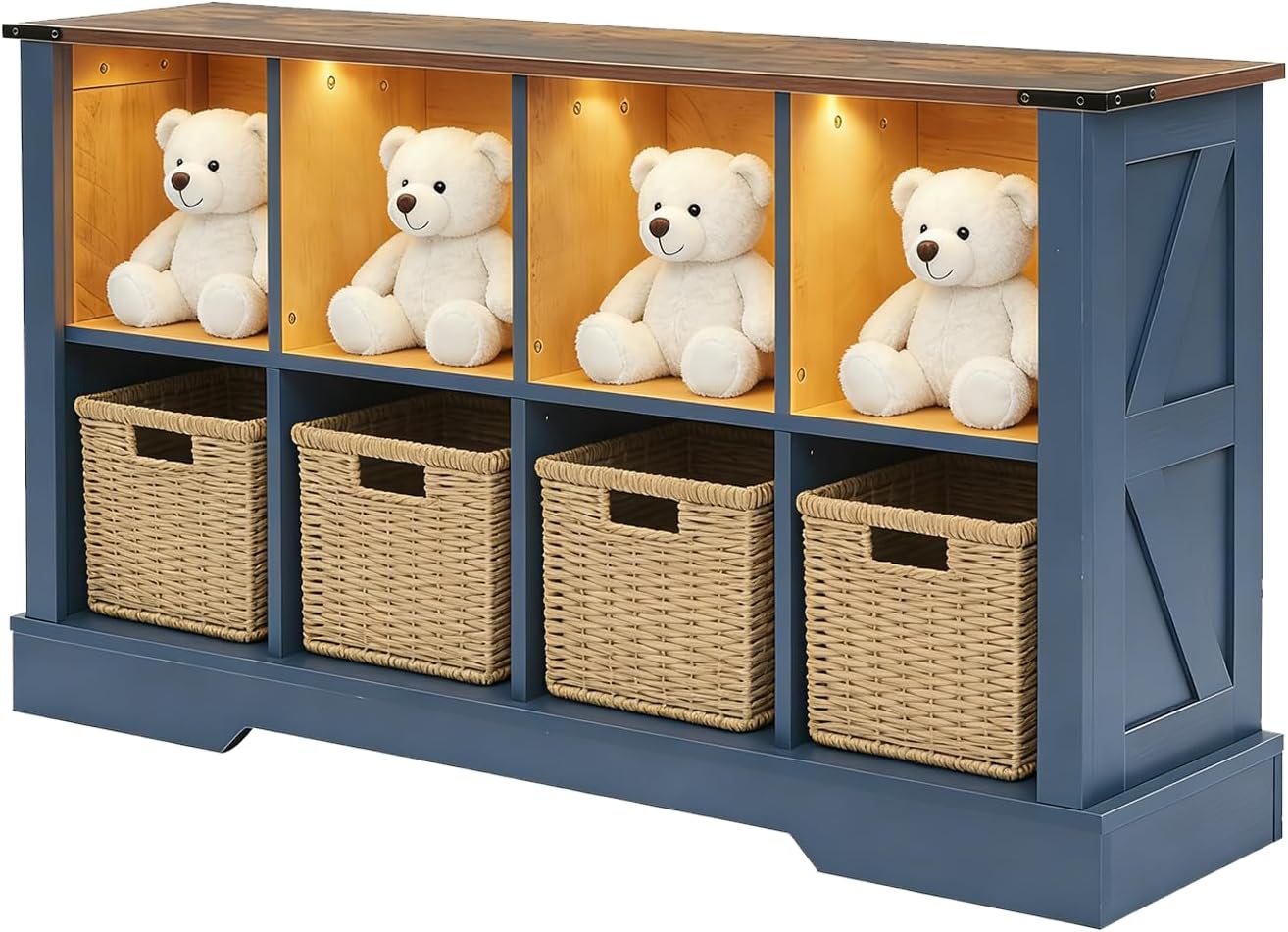 8 Cube Bookcase, Wooden Cube Storage Organizer Shelf, Blue Horizontal Book Shelf with LED Lights, Freestanding Display Cabinet for Living Room, Bedroom, Home Office