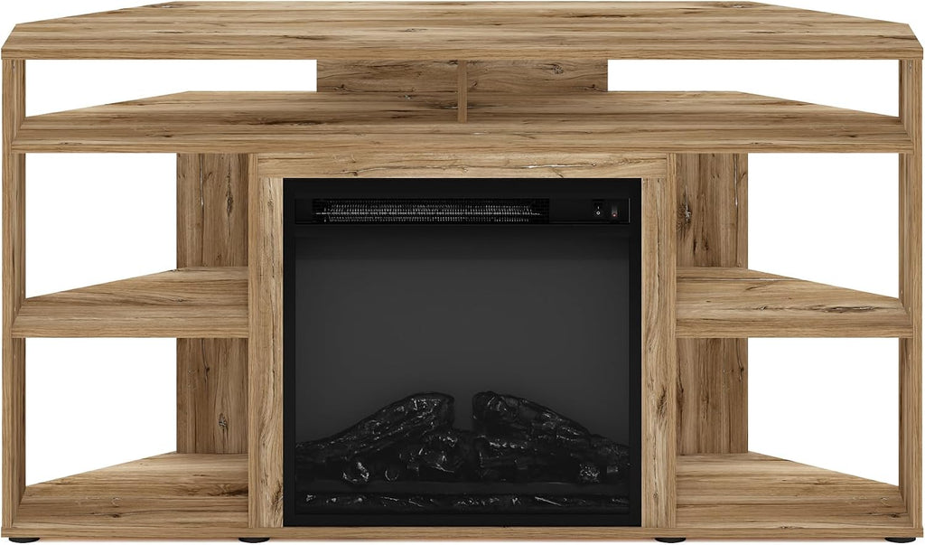 Furinno Jensen Fireplace TV Stand, Corner Entertainment Center, TV Console for TV up to 55 Inch with Fireplace, for Living Room, Bedroom, Flagstaff Oak