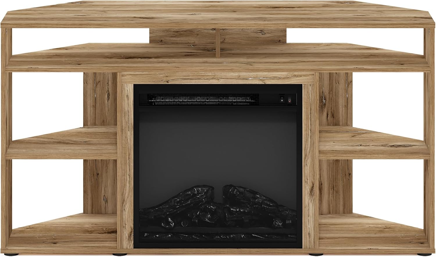 Furinno Jensen Fireplace TV Stand, Corner Entertainment Center, TV Console for TV up to 55 Inch with Fireplace, for Living Room, Bedroom, Flagstaff Oak
