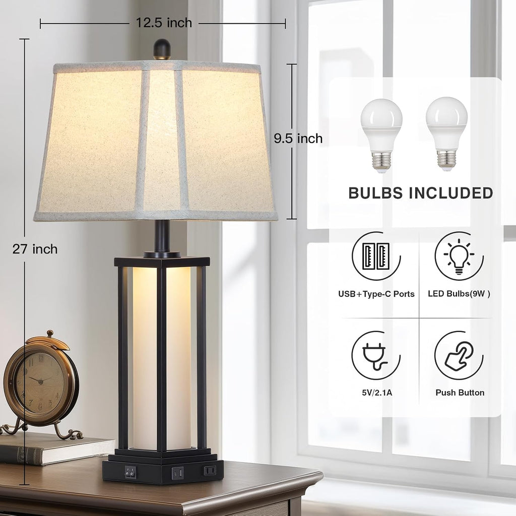 Cinkeda 27' Tall Vintage Table Lamp Set of 2 with USB C+A & Outlet,Black Industrial End Table Lamp for Living Room,Farmhouse Rustic Bedside Lamps with Bell Lampshades for Bedroom Nightstand,Black