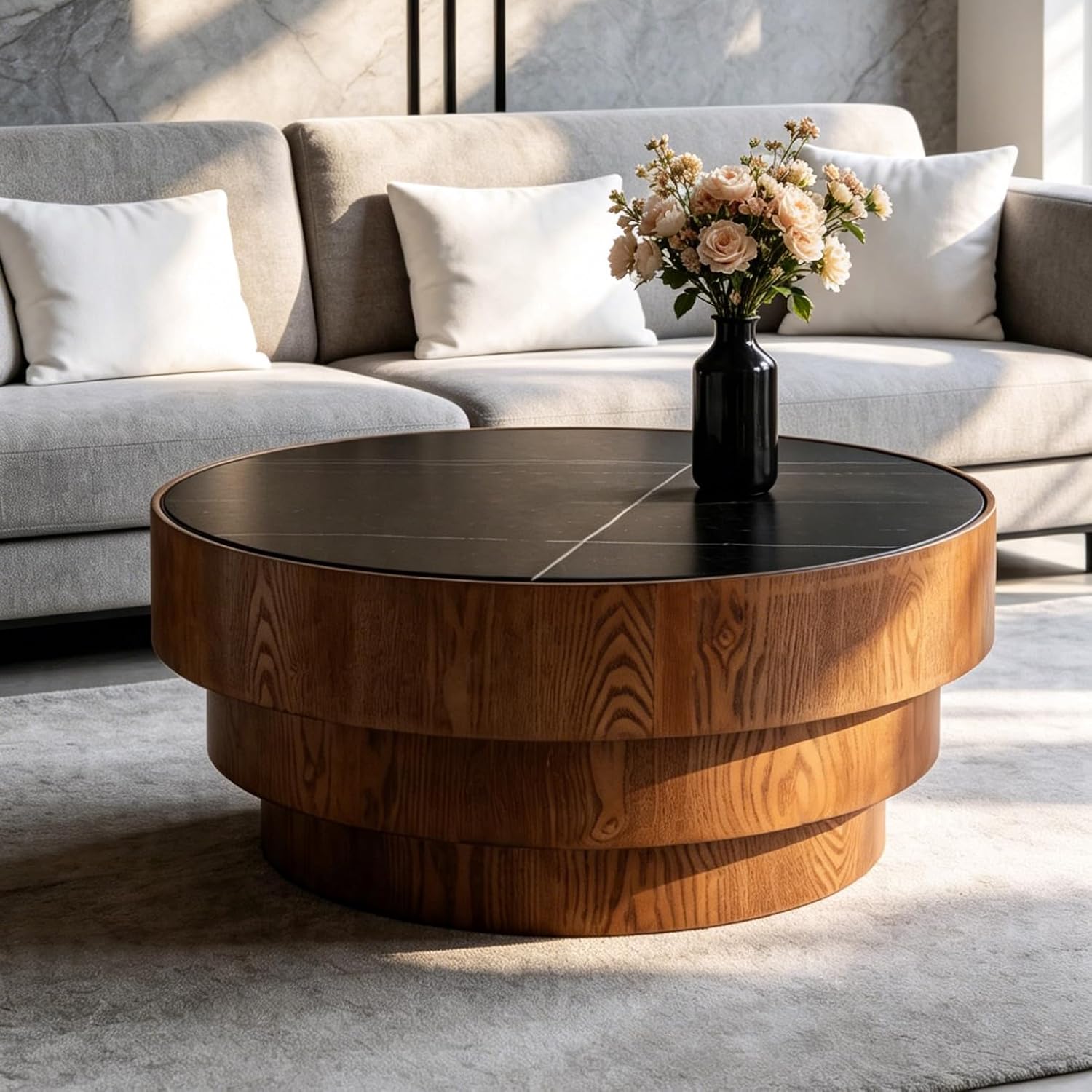 31.5' Round Marble Coffee Table for Living Room, Mid-Century Modern Coffee Table with Black Sintered Stone Top and Stable Wood Pedestal Base, Drum Cocktail Center Tea Tables for Bedroom Apartment
