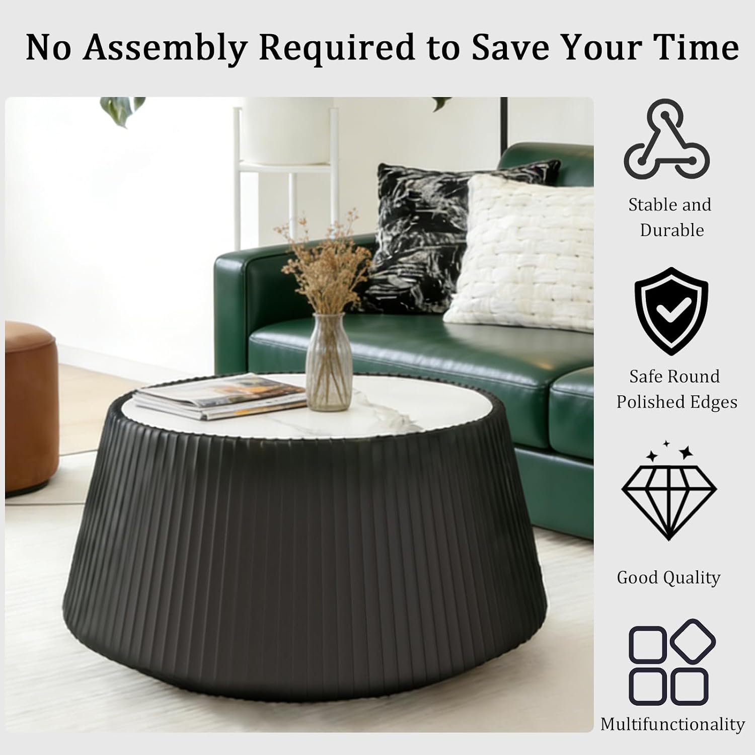 Black Round Coffee Table with Sintered Stone Tabletop, 26.77' Drum Coffee Table with Fluted PU Leather Covered and Stable Base, Circle Cocktail Tea Table for Living Room