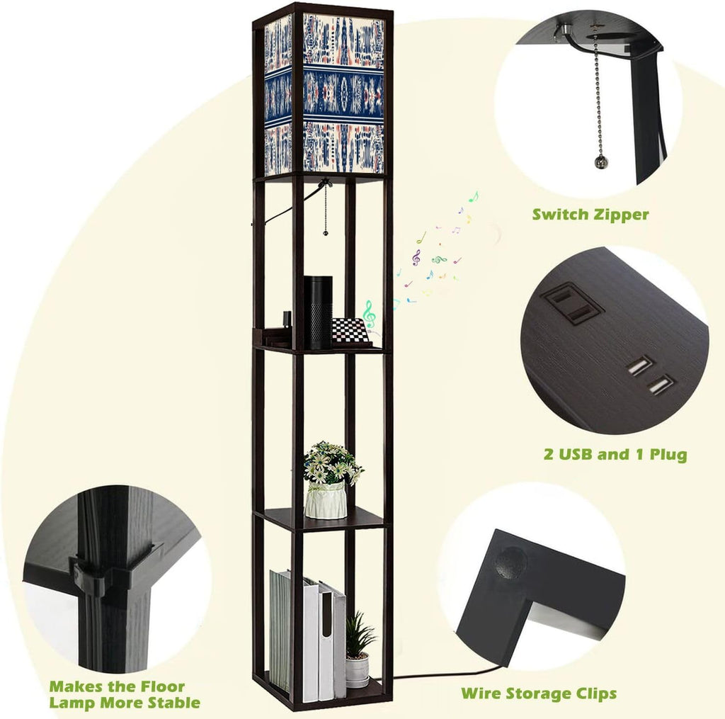 Floor Lamp with Shelves geometric folklore ornament Tribal ethnic texture Seamless striped Standing Tall Lamp USB Ports & Power Outlet Modern Corner Lamp Nightstand Light for Living Room Bedroom