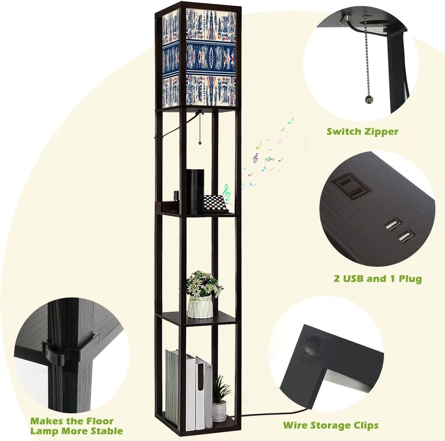 Floor Lamp with Shelves geometric folklore ornament Tribal ethnic texture Seamless striped Standing Tall Lamp USB Ports & Power Outlet Modern Corner Lamp Nightstand Light for Living Room Bedroom