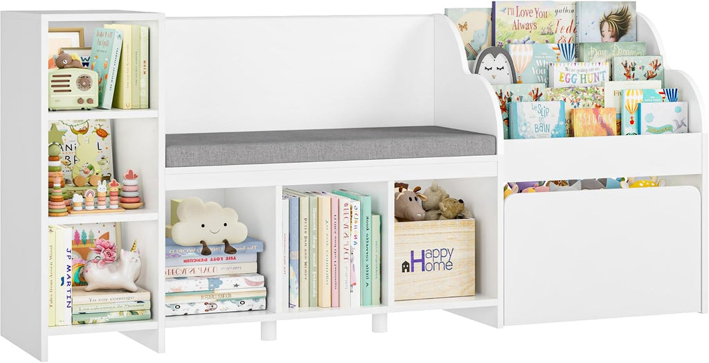 HOSTACK 67' W Kids Reading Nook with Toy Storage Organizer, Large Kids Bookshelf with Toy Storage Box on Wheels, Big Kid Bookcase with Bench and 6 Open Cubbies for Playroom, Kid Room, White