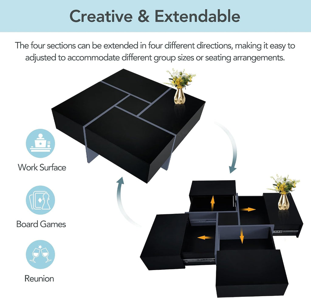 Merax Modern Square Coffee Table with 4 Hidden Storage Compartments, UV High-Gloss Design for Living Room, Black